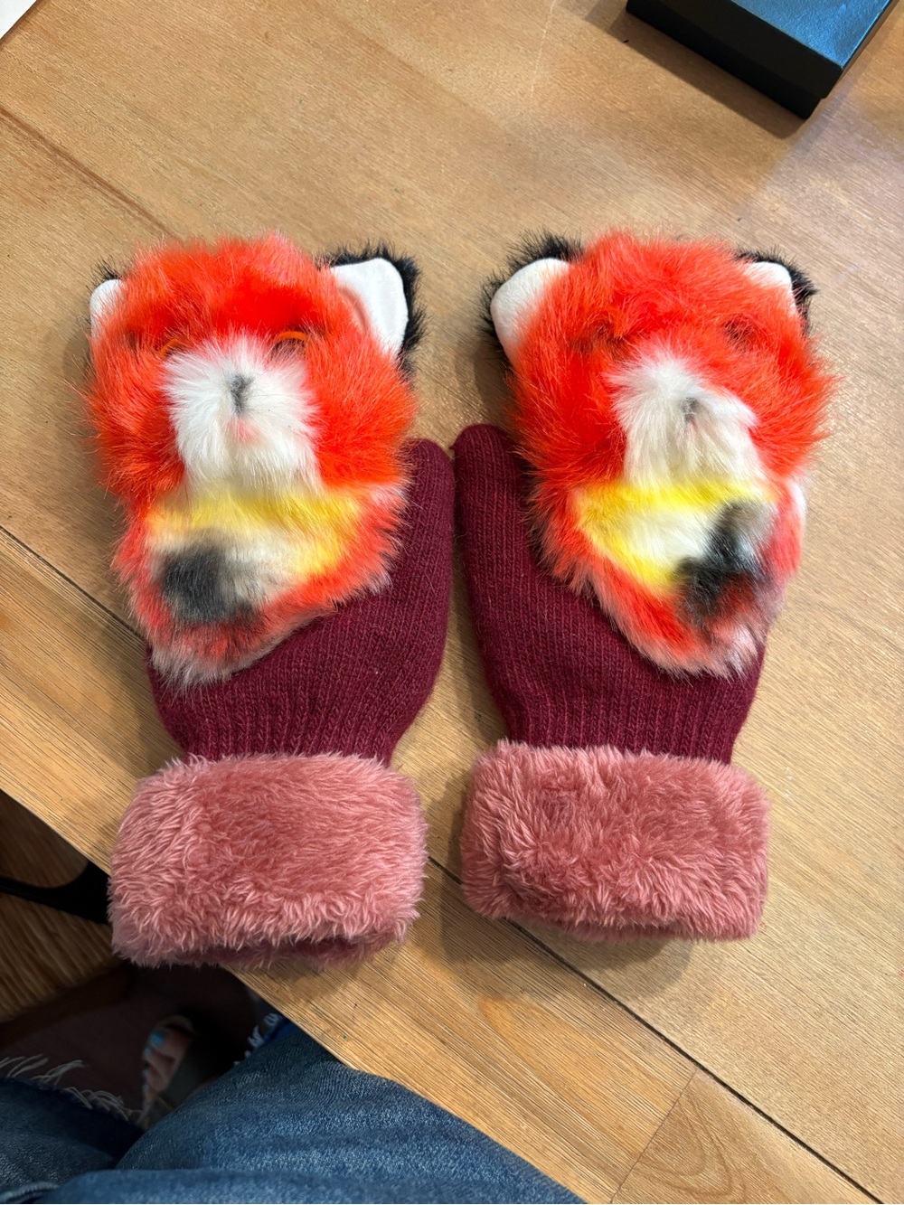 Kids Burgundy Mittens with Multicolor Plush Fox Accent